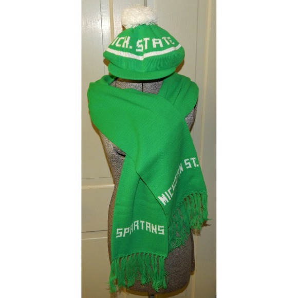 Vintage Michigan State Spartans Fringed Scarf & Pom Pom Cabbie Beanie Hat Cap